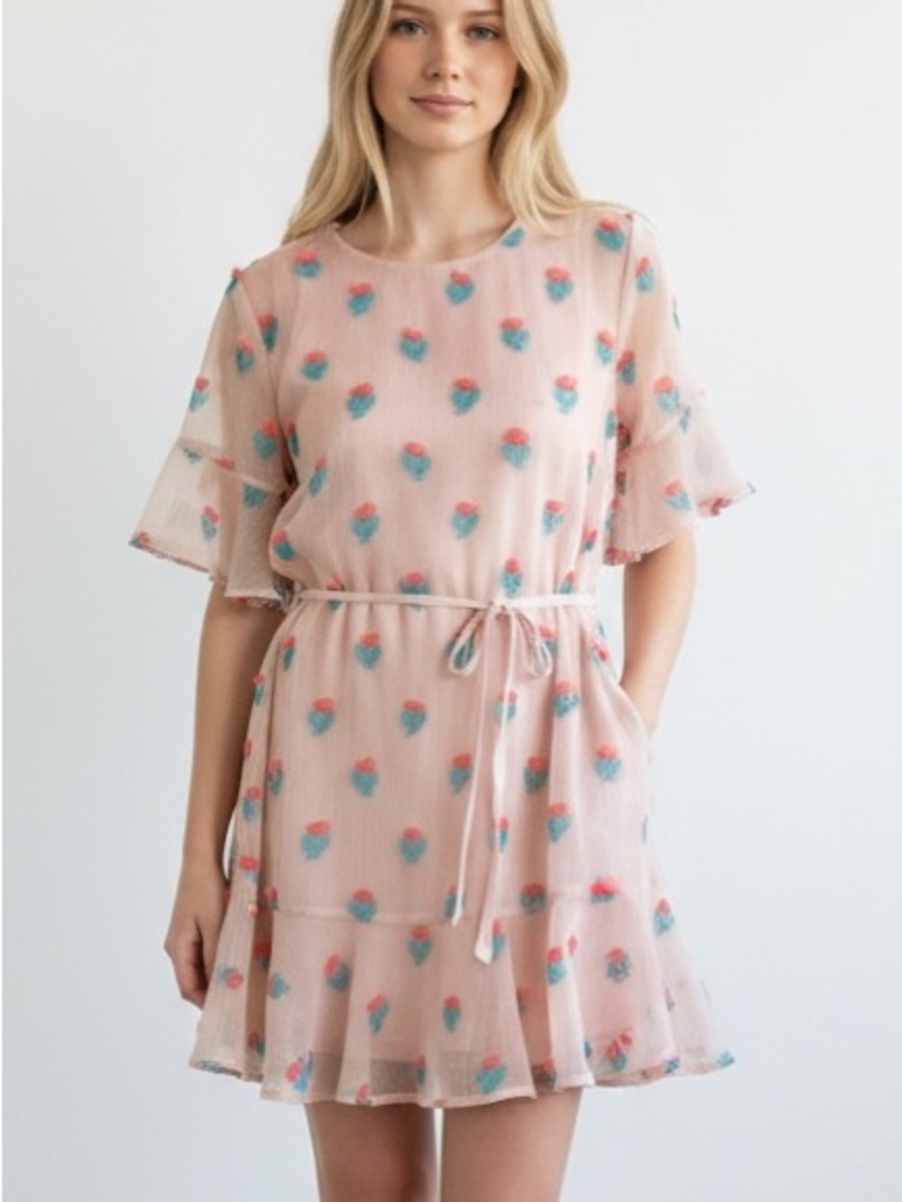ENTRO | NEW Pink Pom Pom Floral Tie-Waist Ruffle Dress L Sheath Flounce Sleeve